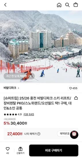 홍천 비발디파크 오션월드 외 스키 이용권 (27,400원~/무료)