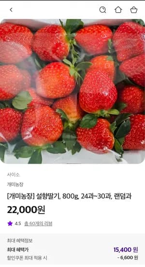 설향딸기 800g, 24과~30과 (15,400원/무료)