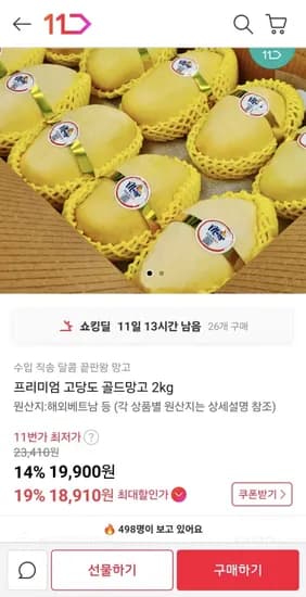 프리미엄 고당도 골드망고 2kg (18,910원/무료)