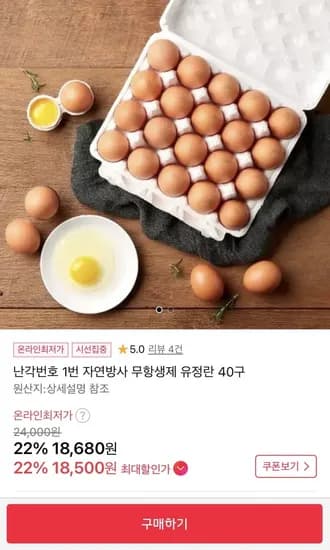 난각번호 1번 자연방사 무항생제 유정란 40구 (18,680원/무배)
