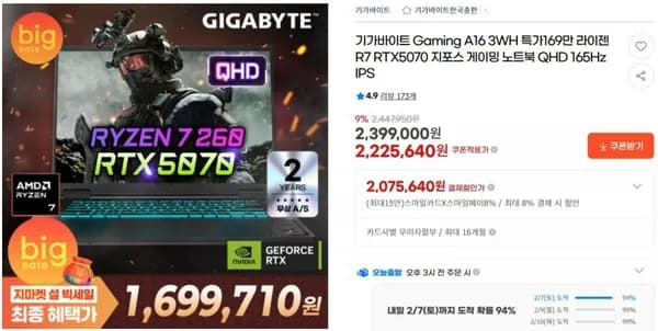기가바이트 Gaming A16 3WH 라이젠 R7 RTX5070/32GB/1TB 게이밍 노트북 QHD 165Hz IPS (1,699,710원/무료)