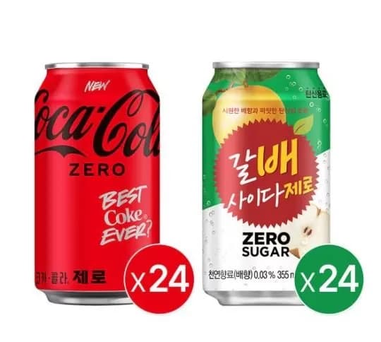 코카콜라 제로 350ml 24입+갈배사이다제로 355ml 24입_분리배송 상품 (24,041원/무료)