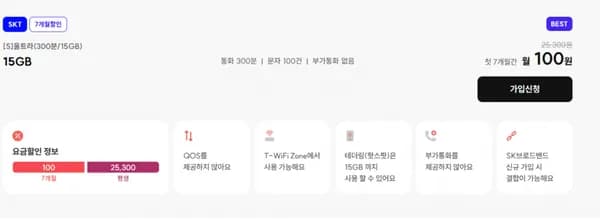 SKT 300분/15GB 7개월 (100원/무료)