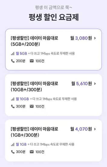200분 100건 5G 1Mbps 평생요금제