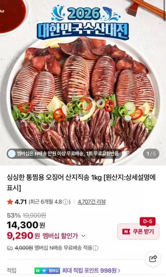 싱싱한 통찜용 오징어 kg 7~9미 (9,290원/네멤무배)1