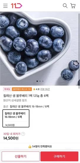 칠레산 생 블루베리 1팩 15g 총 6팩 (14,500원/무료)2