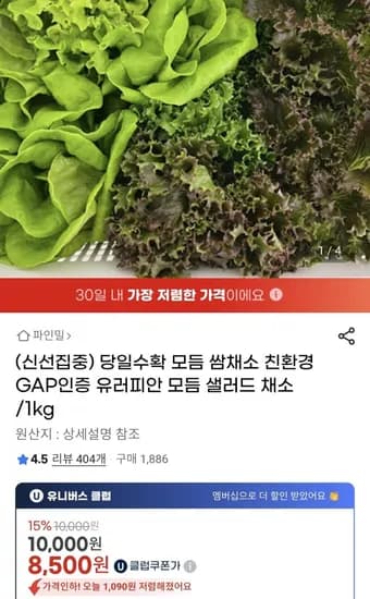 당일수확 모듬 쌈채소 친환경 GAP인증 유러피안 모듬 샐러드 채소 1kg (유클가 8,500원/무료)