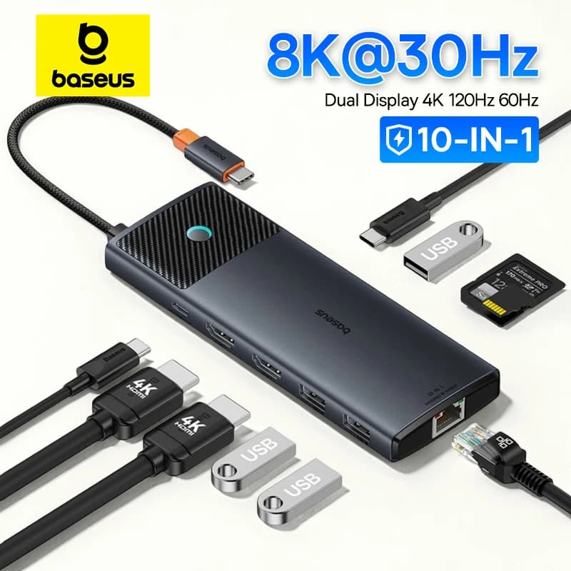 Baseus USB C 허브 듀얼 HDMI 8K 4K 어댑터 10-in-1 USB 3.2
