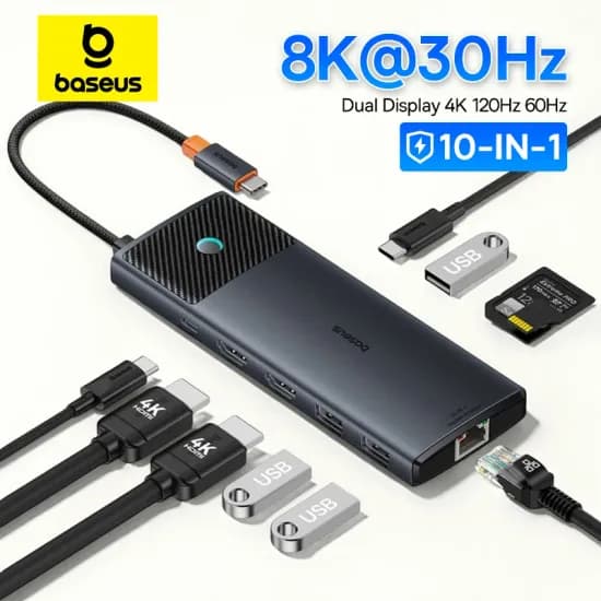 Baseus USB C 허브 듀얼 HDMI 8K 4K 어댑터 10-in-1 USB 3.2