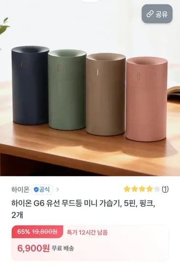 하이온 G6 유선 무드등 미니 가습기 핑크 2개