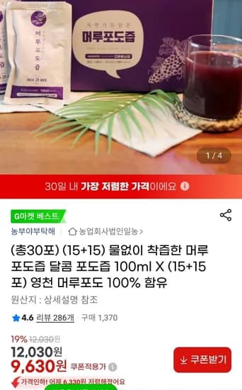 물없이 착즙한 머루포도즙 0.1L 총30포