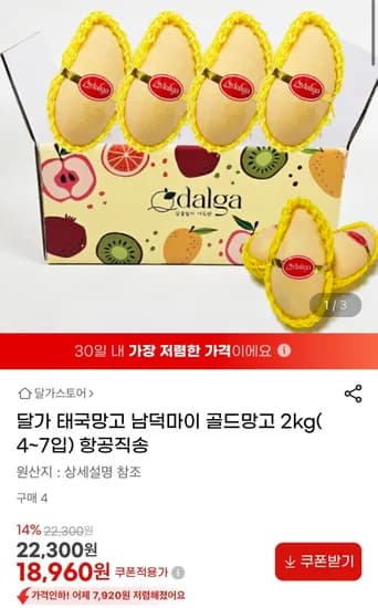 달가 태국망고 남덕마이 골드망고 2kg 4~7입