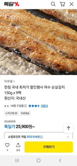 국내 여수 순살갈치 450g 9팩 25,900원