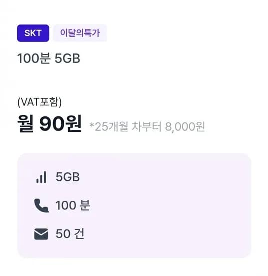 통화 100분, 데이터 5GB(90원/24개월간)