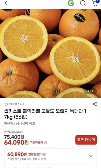 썬키스트 블랙라벨 오렌지 17kg 56과 (64,090원 / 무료)