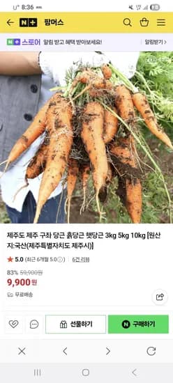 제주 흙 당근 왕사이즈 5kg (9,900/무배)