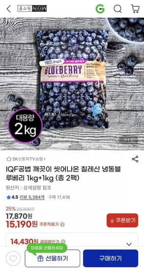 칠레산 냉동블루베리 1kg+1kg (1,190원/무료)5