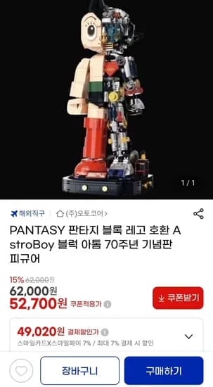 PANTASY 블록 레고 호환 AstroBoy 블럭 아톰 70주년 기념판 피규어 (49,020원 / 무료)