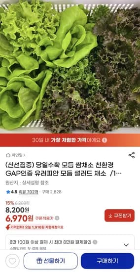 유러피안 모듬 샐러드 채소 1kg (6,970원/무배)