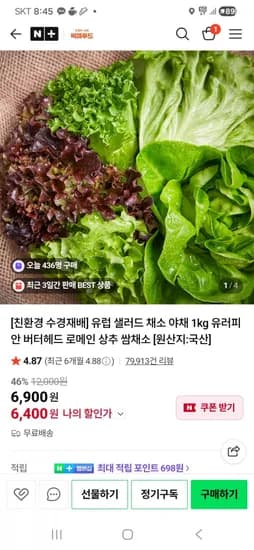 유럽 샐러드 채소 1kg (6,900 / 무료배송)