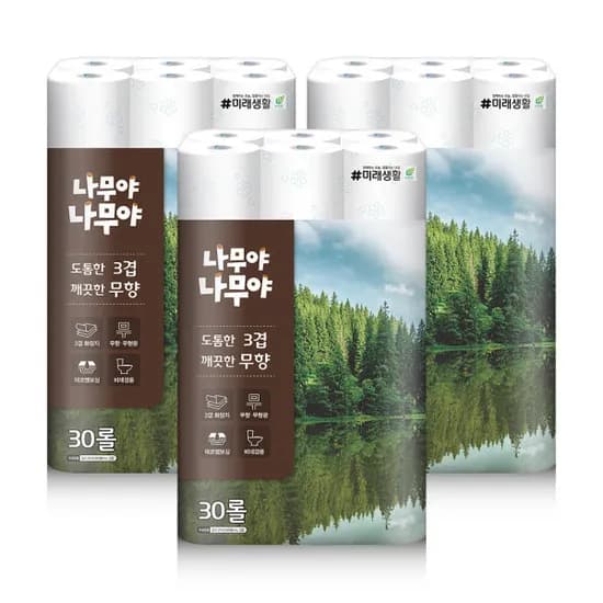 미래생활 나무야나무야 도톰한3겹 깨끗한 무향 화장지 27M 30롤 3팩 (카드 25,860/무배)