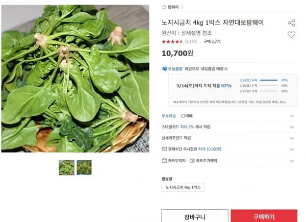 노지시금치 4kg 박스 자연대로팜웨이 (9,230/무료)1