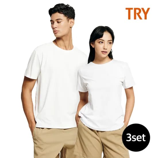 트라이 면 00% 남녀공용 라운드 티셔츠 3매 (10,940원/무료)1