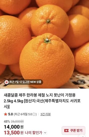 제주 제철 노지 못난이 한라봉 가정용 2.5kg (13,500원/무료)