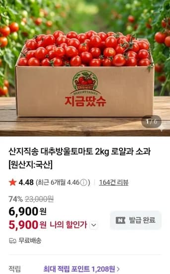 산지직송 대추방울토마토 소과 2kg (8,800원/무료)