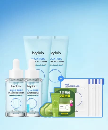 비플레인 아쿠아 퓨어 히알루로닉 크림 2개 + 세럼 2개 + 팩 5매 + 증정 (34,850원/무료)