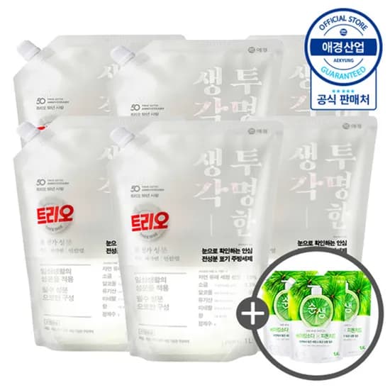 트리오 투명한생각 주방세제 리필 1L 6개 + 주방세제 200ml 3개 (17,750원/무료)