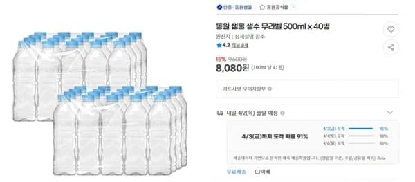 동원 샘물 무라벨 500ml 40병