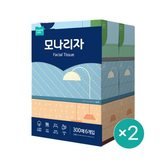모나리자 미용티슈 천연펄프 300매 6입 2개 각티슈 (유클 16,570원/무배)