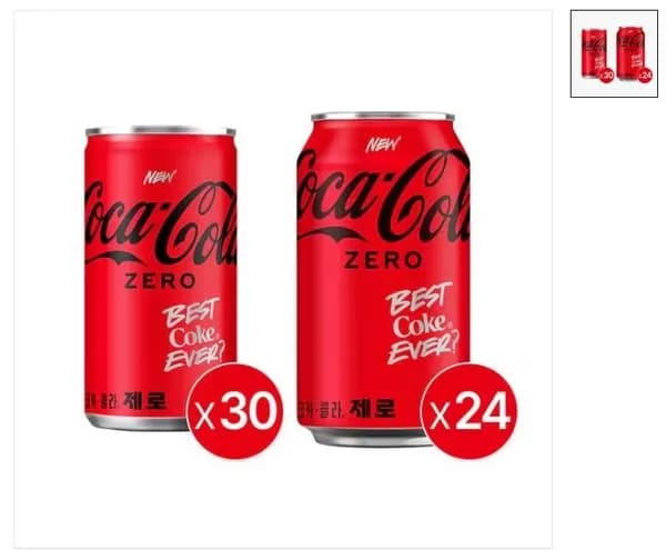 코카콜라 제로 350ml 4캔+코카콜라 제로 190ml 30캔 (25,164원/무료)2