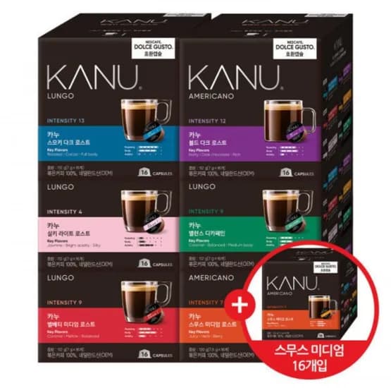 카누 캡슐커피 돌체구스토 호환 캡슐 6종 48개입 골라담기 +스무스미디엄 16개입 (유클 21,70원/무료)5