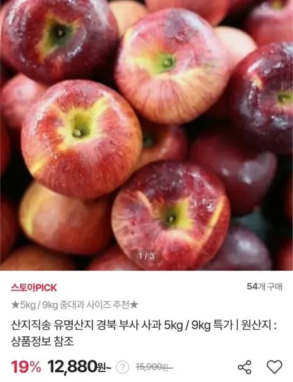 부사 사과 실중량 5kg (페이코12,300원/무료)