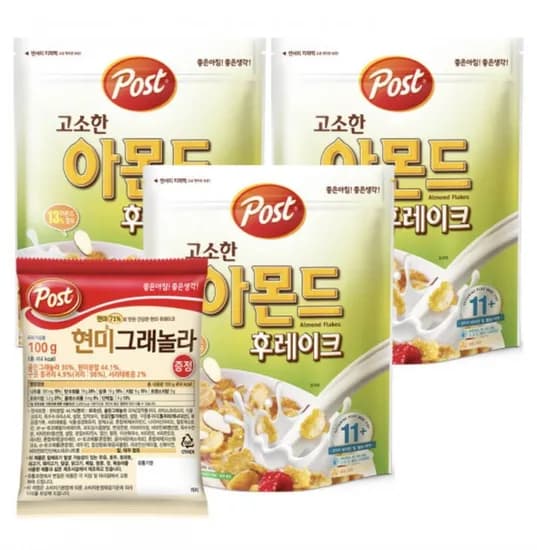 포스트 고소한 아몬드 후레이크 시리얼 620g 3개 +현미그래놀라 100g (유클 11,930원/무료)