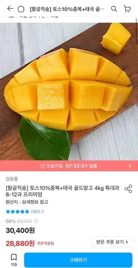 항공직송 태국 골드 망고 4kg 8-12과