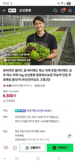 무농약 유러피안 샐러드 1kg(6,500/무료)