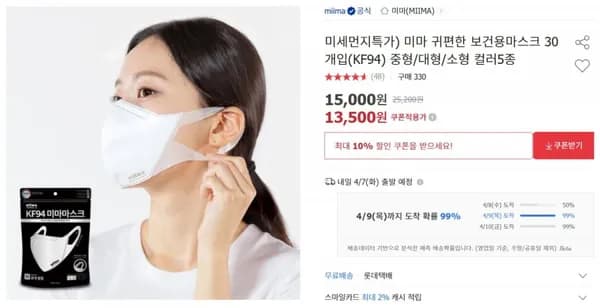 미마 귀편한 보건용마스크 30개입(KF94) (13,500원/무배)