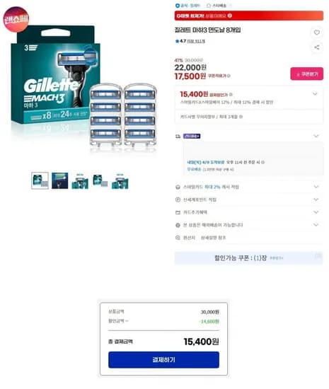 질레트 마하3 면도날 8개입 (15,400원 / 무료)