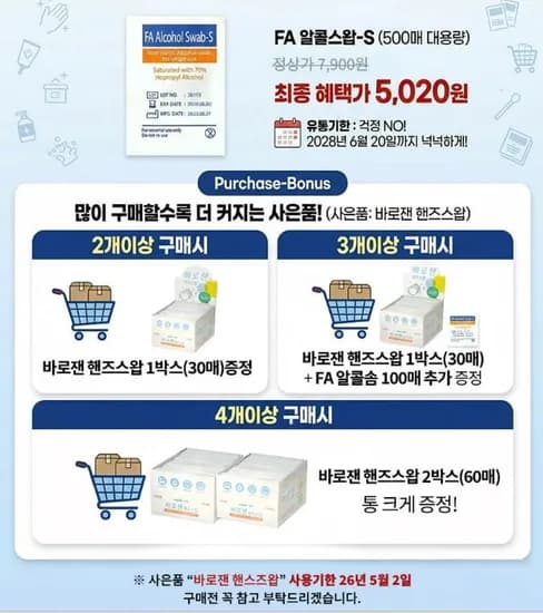 FA 알콜스왑 에스 500매 일회용 알콜솜 소독솜 벌크포장 (5,020원/무료배송)