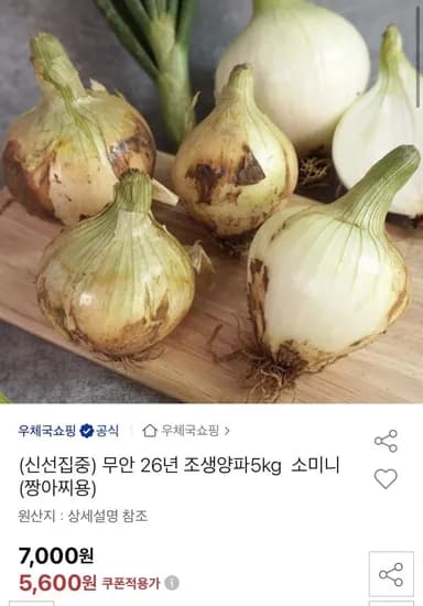 무안 26년 조생양파 5kg 소미니 짱아찌용 (5,600원/무료)