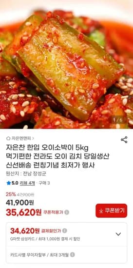 한입 오이소박이 5kg 당일생산 (35,620원/무료)