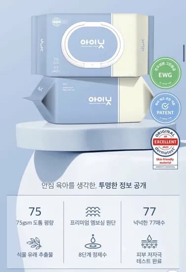 아이닛 위시블루 75평량 물티슈 77매 20팩 (18,950원/무배)