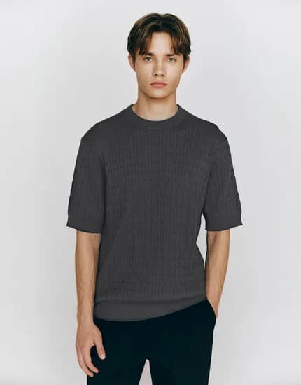 컨셉원 케이블 반팔 크루넥 니트 스웨터