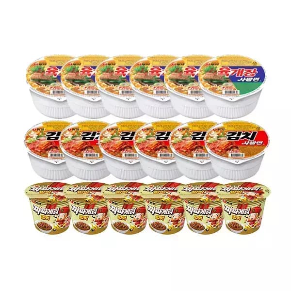 농심 육개장사발면, 86g, 6개 + 김치사발면, 86g, 6개 + 짜파게티범벅, 70g, 6개 (티멤버십3,960/무료)1