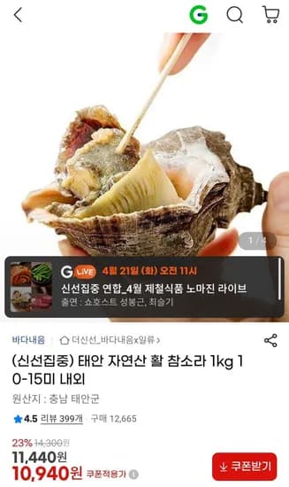태안 자연산 활 참소라 1kg 10-15미