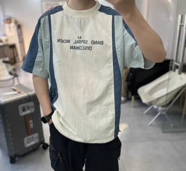 남녀공용 바스락 반팔 라운드티 배색디자인