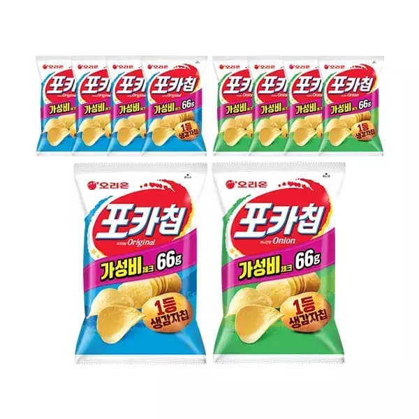 오리온 포카칩 오리지널 66g, 5개 + 어니언 66g, 5개(티멤 10,920원/무료배송)